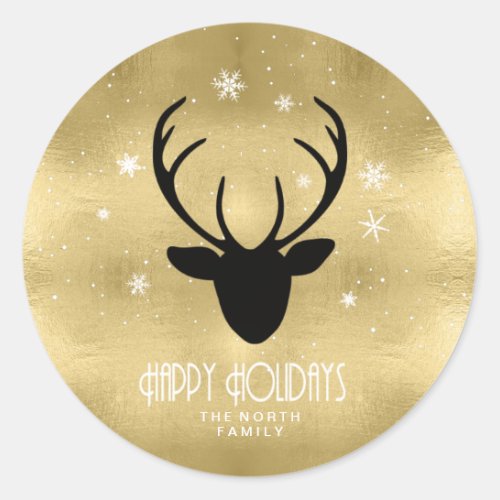 Deer Antlers Silhouette  Snowflakes Gold ID861  Classic Round Sticker