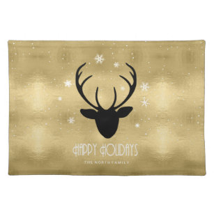 Deer Antlers Silhouette & Snowflakes Gold ID861 Cloth Placemat