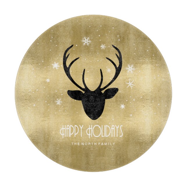 Deer Antlers Silhouette & Snowflakes Gold ID861 Cutting Board (Front)