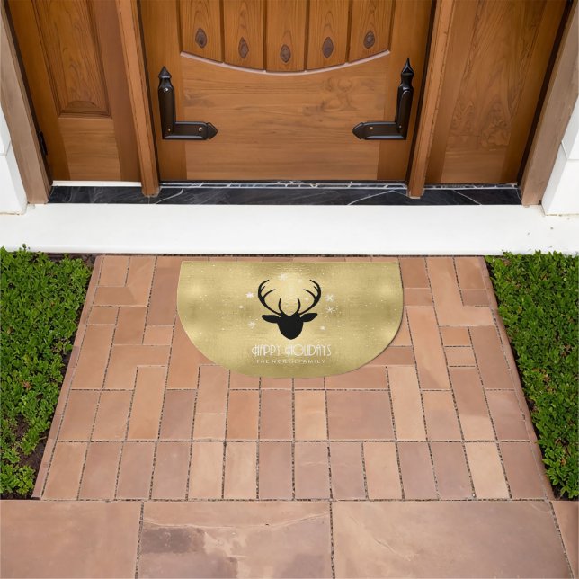 Deer Antlers Silhouette & Snowflakes Gold ID861  Doormat (Outdoor)
