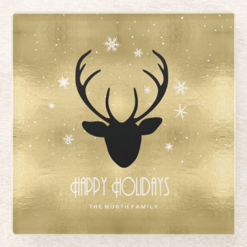 Deer Antlers Silhouette  Snowflakes Gold ID861 Glass Coaster