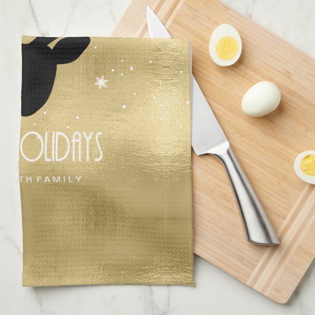 Deer Antlers Silhouette & Snowflakes Gold ID861 Kitchen Towel (Quarter Fold)
