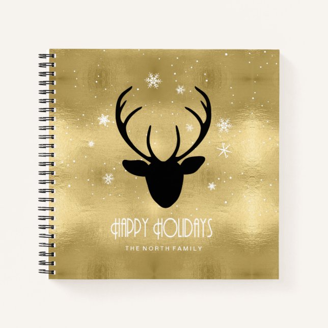 Deer Antlers Silhouette & Snowflakes Gold ID861 Notebook (Front)