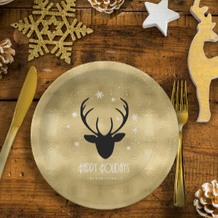 Deer Antlers Silhouette & Snowflakes Gold ID861 Paper Plates