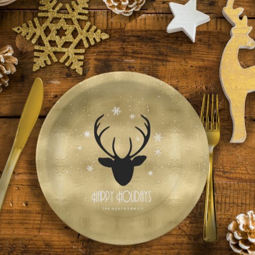 Deer Antlers Silhouette  Snowflakes Gold ID861 Paper Plates