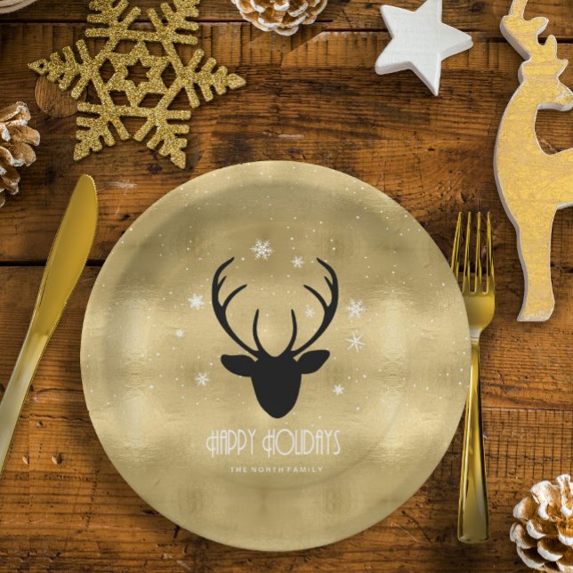 Deer Antlers Silhouette & Snowflakes Gold ID861 Paper Plates (Creator Uploaded)