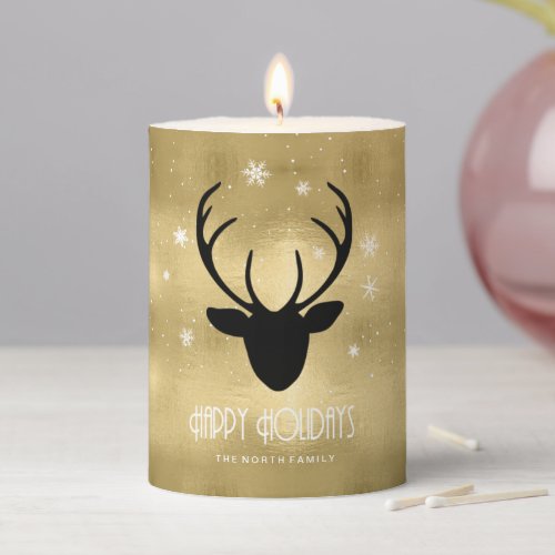 Deer Antlers Silhouette  Snowflakes Gold ID861 Pillar Candle