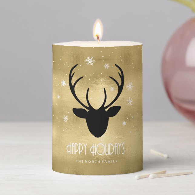 Deer Antlers Silhouette & Snowflakes Gold ID861 Pillar Candle (In Situ)