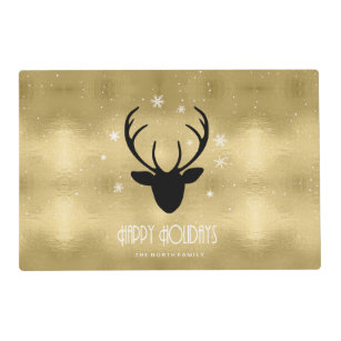 Deer Antlers Silhouette & Snowflakes Gold ID861 Placemat