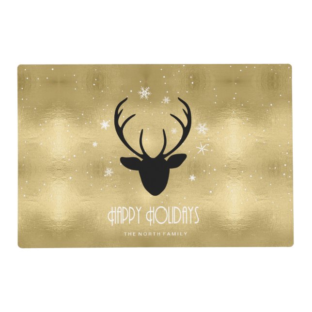 Deer Antlers Silhouette & Snowflakes Gold ID861 Placemat (Front)
