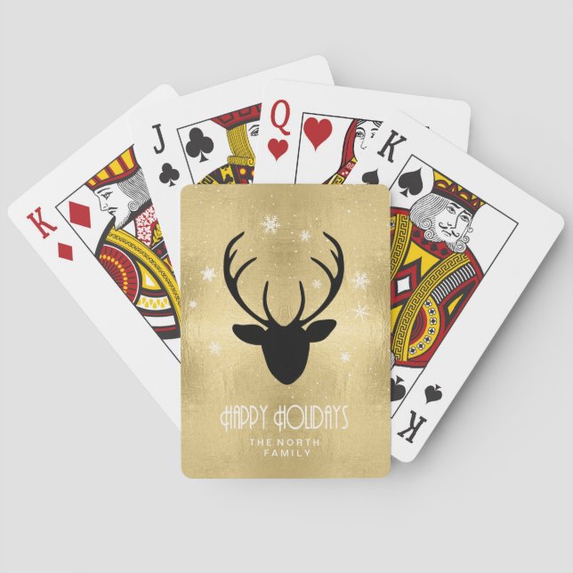 Deer Antlers Silhouette & Snowflakes Gold ID861 Poker Cards (Back)