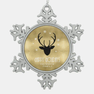 Deer Antlers Silhouette & Snowflakes Gold ID861 Snowflake Pewter Christmas Ornament