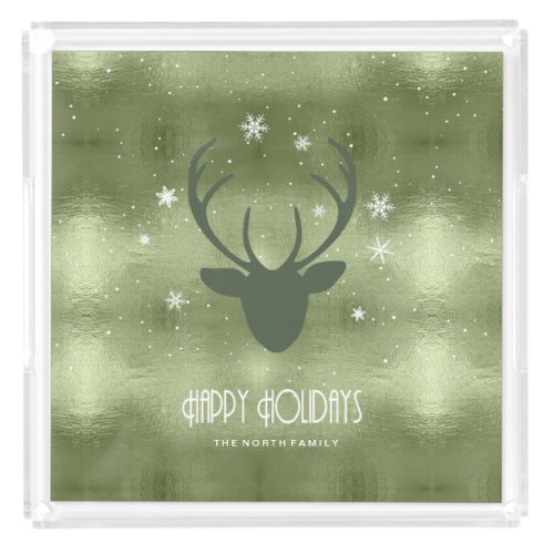 Deer Antlers Silhouette  Snowflakes Green ID861 Acrylic Tray