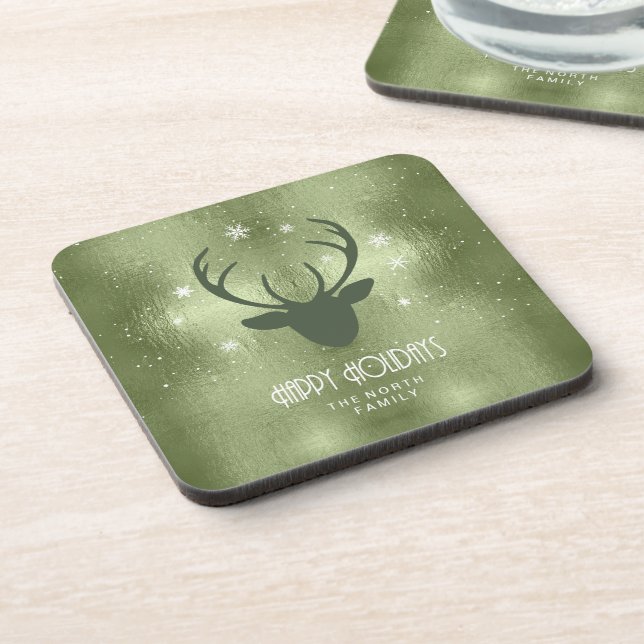 Deer Antlers Silhouette & Snowflakes Green ID861 Beverage Coaster (Left Side)