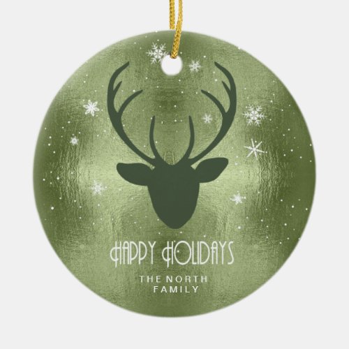 Deer Antlers Silhouette  Snowflakes Green ID861 Ceramic Ornament