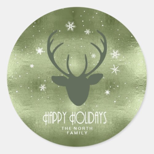 Deer Antlers Silhouette  Snowflakes Green ID861 Classic Round Sticker
