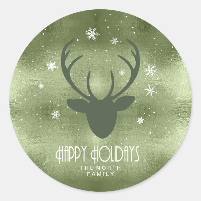Deer Antlers Silhouette & Snowflakes Green ID861 Classic Round Sticker (Front)