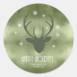 Deer Antlers Silhouette & Snowflakes Green ID861 Classic Round Sticker