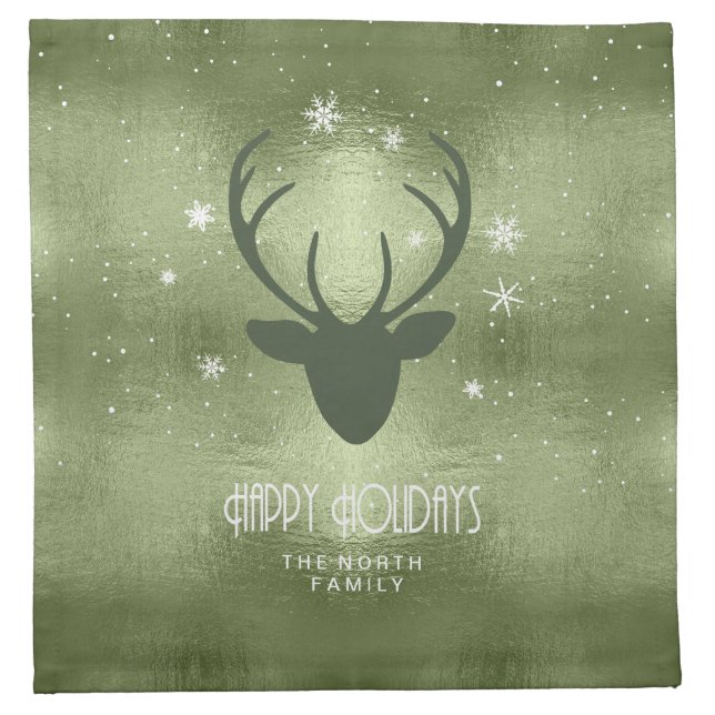 Deer Antlers Silhouette & Snowflakes Green ID861 Cloth Napkin (Front)