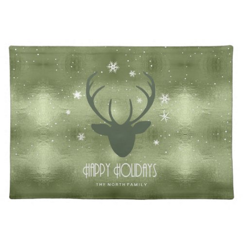 Deer Antlers Silhouette  Snowflakes Green ID861 Cloth Placemat