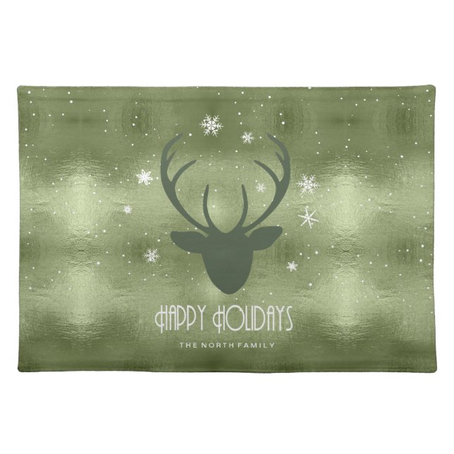 Deer Antlers Silhouette & Snowflakes Green ID861 Cloth Placemat (Front)