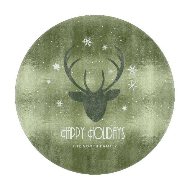 Deer Antlers Silhouette & Snowflakes Green ID861 Cutting Board (Front)