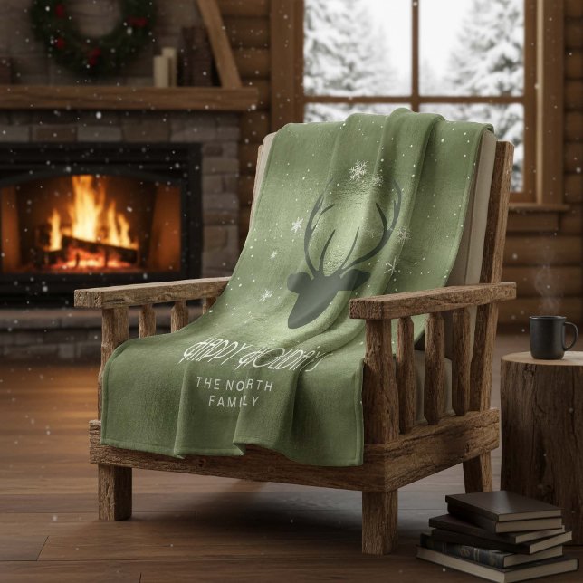 Deer Antlers Silhouette & Snowflakes Green ID861 Fleece Blanket (Creator Uploaded)