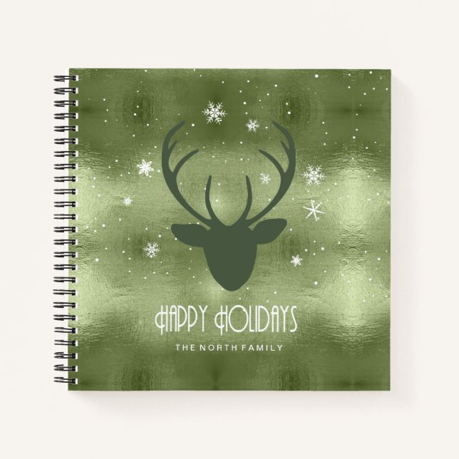 Deer Antlers Silhouette & Snowflakes Green ID861 Notebook (Front)