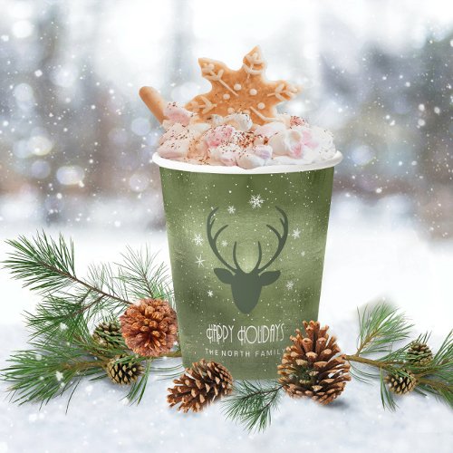 Deer Antlers Silhouette  Snowflakes Green ID861 Paper Cups