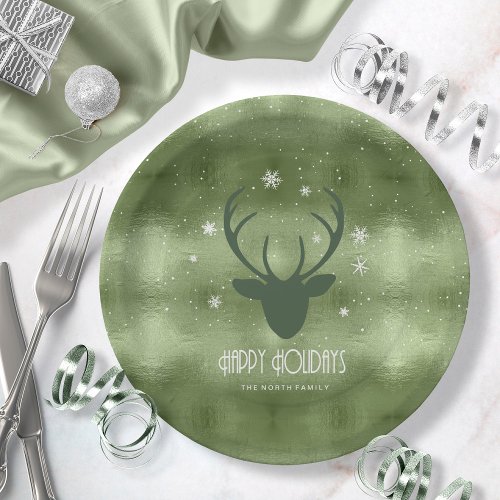 Deer Antlers Silhouette  Snowflakes Green ID861 Paper Plates