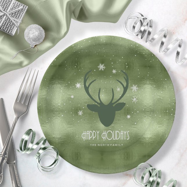 Deer Antlers Silhouette & Snowflakes Green ID861 Paper Plates (Creator Uploaded)