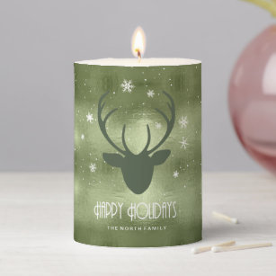 Deer Antlers Silhouette & Snowflakes Green ID861 Pillar Candle