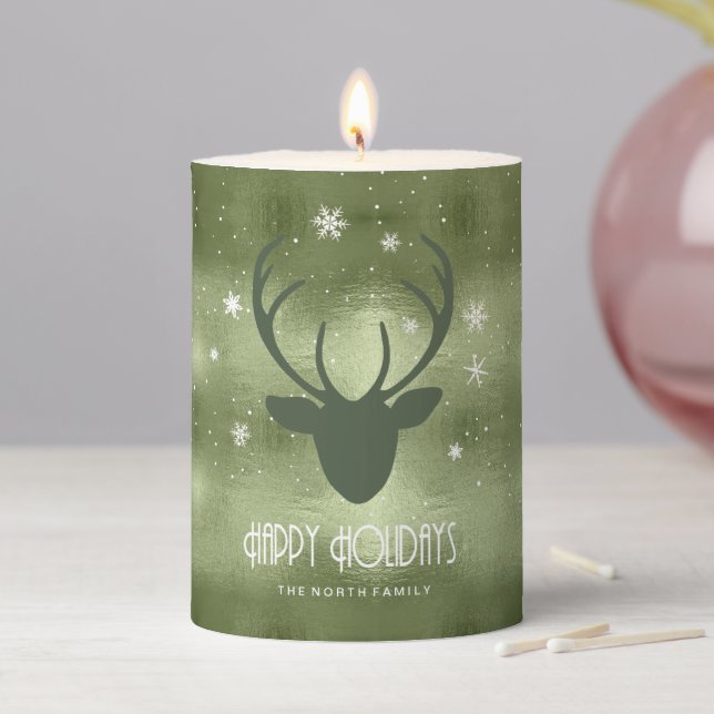 Deer Antlers Silhouette & Snowflakes Green ID861 Pillar Candle (In Situ)