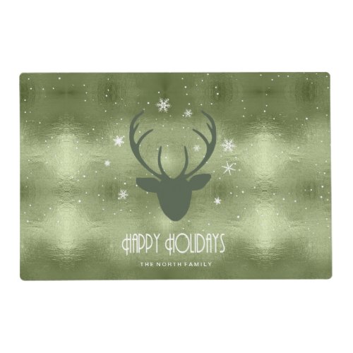 Deer Antlers Silhouette  Snowflakes Green ID861 Placemat