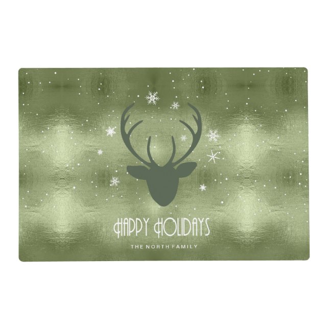 Deer Antlers Silhouette & Snowflakes Green ID861 Placemat (Front)