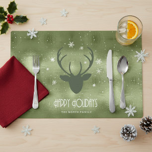 Deer Antlers Silhouette & Snowflakes Green ID861 Placemat