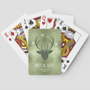 Deer Antlers Silhouette & Snowflakes Green ID861 Poker Cards