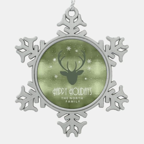 Deer Antlers Silhouette  Snowflakes Green ID861 Snowflake Pewter Christmas Ornament