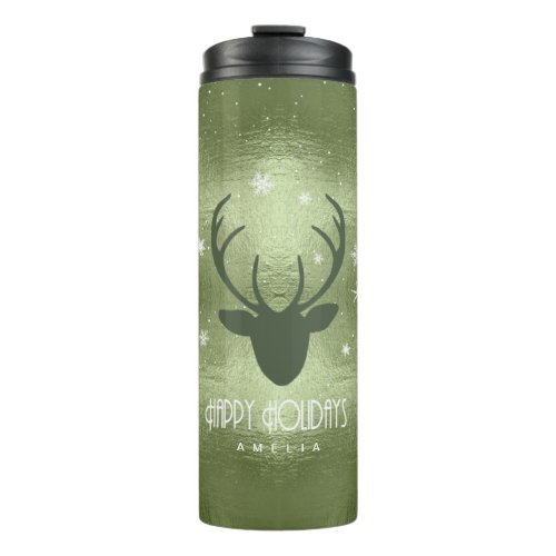 Deer Antlers Silhouette  Snowflakes Green ID861 Thermal Tumbler