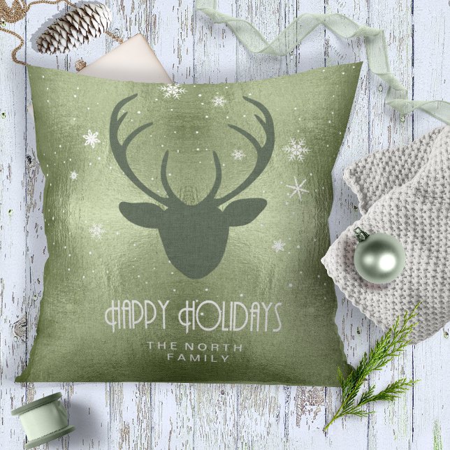 Deer Antlers Silhouette & Snowflakes Green ID861 Throw Pillow (Creator Uploaded)