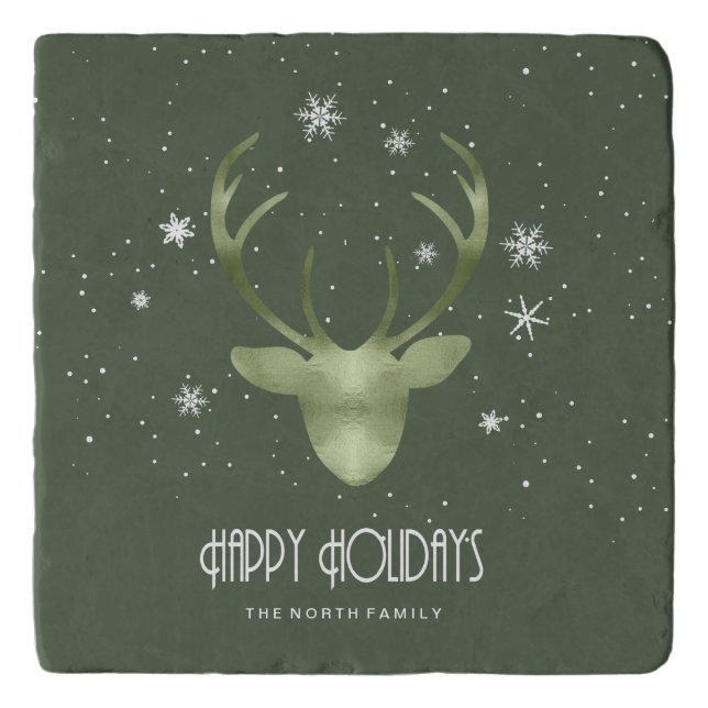 Deer Antlers Silhouette & Snowflakes Green ID861 Trivet (Front)