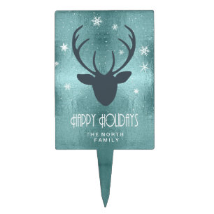 Deer Antlers Silhouette & Snowflakes Teal ID861 Cake Topper
