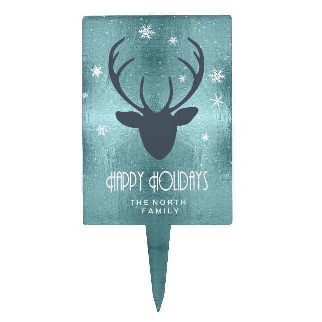Deer Antlers Silhouette & Snowflakes Teal ID861 Cake Topper (Front)