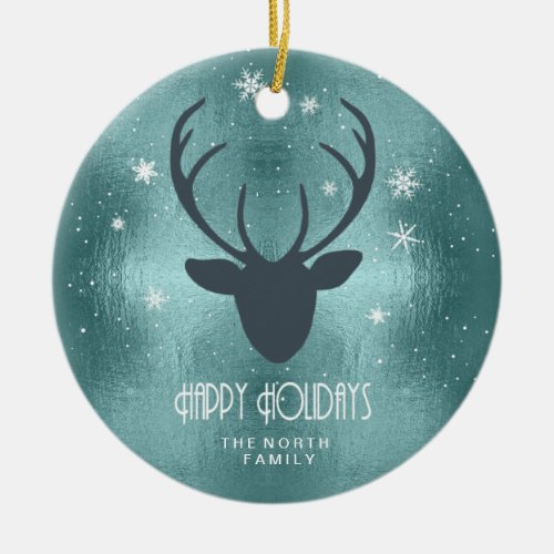 Deer Antlers Silhouette  Snowflakes Teal ID861 Ceramic Ornament