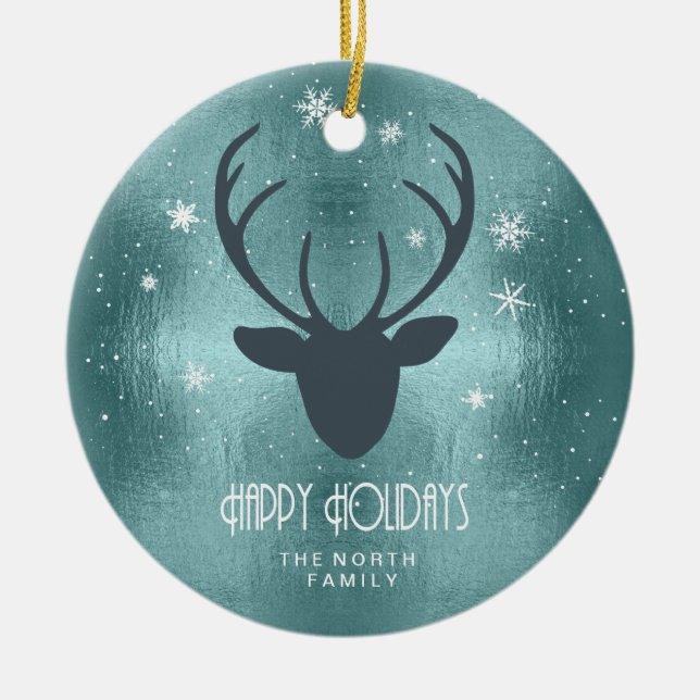Deer Antlers Silhouette & Snowflakes Teal ID861 Ceramic Ornament (Front)