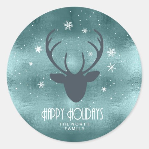 Deer Antlers Silhouette  Snowflakes Teal ID861 Classic Round Sticker