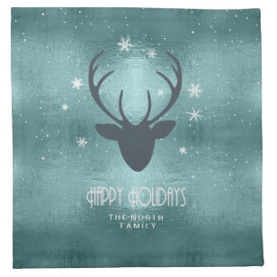 Deer Antlers Silhouette & Snowflakes Teal ID861 Cloth Napkin