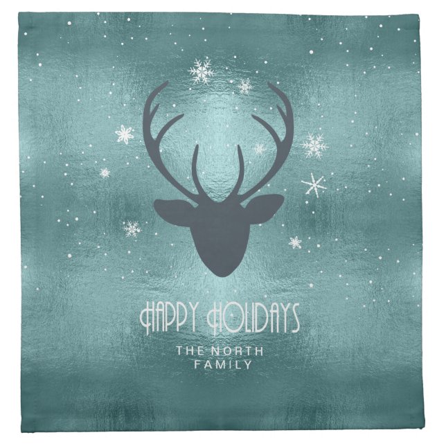 Deer Antlers Silhouette & Snowflakes Teal ID861 Cloth Napkin (Front)