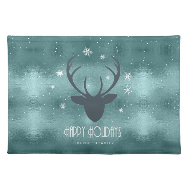 Deer Antlers Silhouette & Snowflakes Teal ID861 Cloth Placemat (Front)