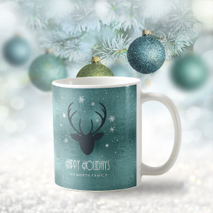 Deer Antlers Silhouette & Snowflakes Teal ID861  Coffee Mug